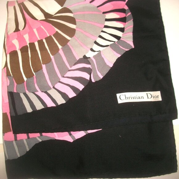 Vintage Christian Dior Square Navy, Gray, Pink & Brown Scarf/Wrap w Front Logo - Picture 3 of 4